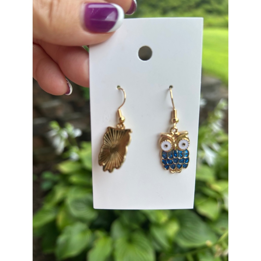 Owl Dangle Earrings Blue Gold New Enamel Whimsical Hoot! Boho Retro Quirky - Picture 4 of 6